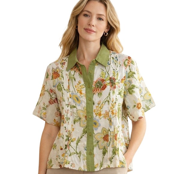 Magaschoni Tops - Magaschoni Linen Button Up Floral Workwear Cottagecore Top Cream Multi S NWT